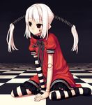  cartamin doll_joints dress hair_tubes long_hair original pointy_ears red_eyes sitting solo striped striped_legwear thighhighs twintails white_hair 
