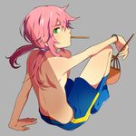  akishima_kei bad_id bad_pixiv_id fan green_eyes inazuma_eleven_(series) inazuma_eleven_go kirino_ranmaru long_hair looking_back male_focus paper_fan pink_hair shirtless shorts sitting socks solo uchiwa 