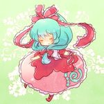  chibi closed_eyes front_ponytail kagiyama_hina lowres ribbon sen1986 smile solo spinning touhou 