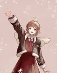  1girl aramosaurus blush brown_eyes brown_hair brown_jacket commentary_request cowboy_shot drawstring dress fur-trimmed_jacket fur_trim haibane_renmei halo highres jacket long_sleeves messy_hair open_clothes open_jacket open_mouth pink_background pom_pom_(clothes) pom_pom_drawstring rakka_(haibane_renmei) red_dress short_hair smile solo sparkle static_cling traditional_halo waving wing_covers 