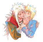  2boys affectionate blonde_hair facial_mark flak_jacket highres jacket jiraiya_(naruto) kokodrawings long_hair male_focus multiple_boys namikaze_minato naruto_(series) ponytail spiked_hair teacher_and_student whisker_markings white_hair 