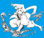  1boy blue_background chuu_ni commentary_request floating_hair greyscale_with_colored_background haku_(naruto) holding holding_needle jacket long_hair male_focus mask naruto_(classic) naruto_(series) needle pants sandals scarf simple_background solo 