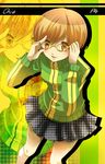  adjusting_eyewear bad_id bad_pixiv_id brown_eyes brown_hair glasses jacket kazanami persona persona_4 pleated_skirt satonaka_chie short_hair skirt smile solo track_jacket yellow-framed_eyewear zoom_layer 