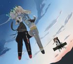  animal_ears arm_around_waist ass black_legwear blonde_hair blue_eyes blush cat_ears cat_tail cloud couple eila_ilmatar_juutilainen eye_contact fox_ears fox_tail green_eyes gun highres hirschgeweih_antennas long_hair looking_at_another military military_uniform miyafuji_yoshika multiple_girls pantyhose rifle rocket_launcher sanjou_(weekly10) sanya_v_litvyak short_hair silver_hair sky star strike_witches striker_unit tail uniform weapon white_legwear world_witches_series yuri 