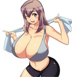  bike_shorts blue_eyes blush breasts brown_hair cleavage collarbone fang highres huge_breasts large_breasts navel one_eye_closed open_mouth original short_shorts shorts simple_background skin_tight solo tamanegiya thick_thighs thighs towel 