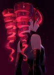  1girl bare_shoulders black_background black_shirt black_sleeves breasts callalily_art detached_sleeves drill_hair from_behind glowing glowing_hair gradient_background high_collar highres kasane_teto kasane_teto_(utau) light_particles long_hair profile purple_background red_eyes red_hair shirt sidelocks sleeveless sleeveless_shirt small_breasts solo twin_drills upper_body utau 