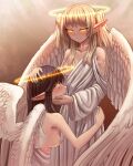  2girls asymmetrical_clothes bare_shoulders black_hair blonde_hair body_markings breasts feathered_wings glowing glowing_eyes halo hand_on_another's_cheek hand_on_another's_face hand_on_another's_hip headpat highres liliacineris long_hair multiple_girls nipples orange_eyes original pointy_ears sidelocks small_breasts twintails wings 