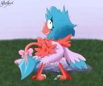  accessory archen beak blue_body blue_feathers blue_hair bow_ribbon eyeliner feathers feet female feral fossil_pokemon furgonomics generation_5_pokemon grass hair hi_res looking_at_viewer looking_back makeup motion_lines nintendo nude open_beak open_mouth phoebe_the_archen_(psykwol) pink_bow plant pokemon pokemon_(species) psykwol pupils purple_body purple_feathers red_body red_feathers ribbons shaking signature sky solo startled tail tail_accessory tail_bow tail_ribbon talons toes trans_(lore) trans_woman_(lore) water 