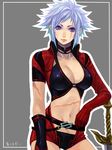  acha belt blue_eyes blue_hair breasts character_request choker cleavage copyright_request drawr gloves jacket large_breasts leaning lips midriff scar short_hair solo sword weapon 