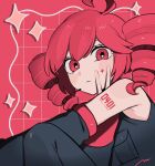 1girl ahoge bare_shoulders black_shirt black_sleeves blush_stickers breast_pocket detached_sleeves drill_hair from_side highres kasane_teto kasane_teto_(utau) light_frown long_sleeves looking_at_viewer maco22 number_tattoo pocket red_background red_eyes red_hair shirt solo star_(symbol) tattoo twin_drills upper_body utau v 