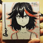  1girl bare_shoulders black_hair character_name closed_mouth collarbone commentary english_commentary frown hair_between_eyes kill_la_kill light_blush looking_at_viewer marker_(medium) matoi_ryuuko medium_hair multicolored_hair omar_dogan outline painting_(medium) photo_(medium) portrait red_outline red_streaks red_tank_top signature solo spot_color streaked_hair tank_top tomboy traditional_media white_background 