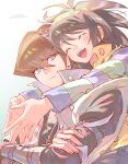  2boys black_hair blue_eyes bright_pupils brothers brown_hair crossed_arms dated expressionless highres kaiba_mokuba kaiba_seto male_focus medium_hair moemoenomori multiple_boys siblings simple_background smile steepled_fingers teeth twitter_username upper_body upper_teeth_only white_background white_pupils yu-gi-oh! yu-gi-oh!_duel_monsters 