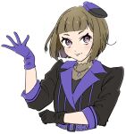  1girl alternate_hair_length_(shorter) asymmetrical_gloves awoke_(love_live!) belt black_gloves black_jacket blue_belt blue_gloves bob_cut brown_hair closed_mouth commentary cropped_torso fascinator gloves hand_up inverted_bob jacket kachimachi_kosuzu link!_like!_love_live! llkapital looking_at_viewer love_live! mismatched_gloves official_alternate_hairstyle pink_eyes short_hair side_ahoge simple_background smile solo split_mouth three-quarter_sleeves virtual_youtuber white_background 