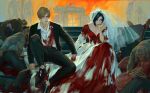  1boy 1girl ada_wong belt belt_buckle black_belt black_eyes black_hair black_jacket black_pants black_shoes black_suit blonde_hair blood blood_on_clothes blood_on_face blood_on_hands blue_eyes breasts bridal_veil bride buckle cleavage collarbone collared_shirt commentary couple dress dress_shoes english_commentary flower gate groom hair_flower hair_ornament head_on_hand hetero highres holding holding_hands holding_knife husband_and_wife interlocked_fingers jacket jewelry knife leon_s._kennedy long_dress medium_breasts pants parted_bangs peanut9021 puffy_sleeves red_lips resident_evil ring shirt shoes short_hair sitting skeleton stairs suit suit_jacket veil wedding wedding_dress wedding_ring white_dress white_shirt zombie 