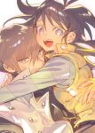  2boys black_hair blue_eyes brothers brown_hair highres hug kaiba_mokuba kaiba_seto long_sleeves looking_at_viewer male_focus moemoenomori multiple_boys purple_eyes siblings simple_background sleeveless sleeveless_jacket smile white_background yu-gi-oh! yu-gi-oh!_duel_monsters 