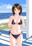  amagami beach bikini blush breasts brown_eyes brown_hair cleavage highres keisuke_(0320030103200301) medium_breasts navel side-tie_bikini smile solo swimsuit takahashi_maya 