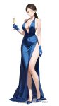  absurdres bare_shoulders black_hair blue_dress blue_gloves blue_shoes breasts brown_eyes champagne_flute cleavage collarbone commission covered_navel cup dress drinking_glass evening_gown gher5 gloves high_heels highres holding holding_cup large_breasts light_smile long_hair looking_at_viewer original parted_bangs party_dress pixiv_commission ponytail shoes signature standing white_background 