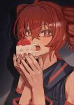  1girl absurdres ahoge bare_shoulders cake cake_slice close-up detached_sleeves drill_hair fingernails food hair_between_eyes highres holding holding_food kasane_teto leutchaft looking_at_viewer nail_polish open_mouth pink_nails red_eyes red_hair teeth twin_drills utau 