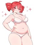 1girl alternate_body_size belly bra breasts cleavage commentary cowlick drill_hair english_commentary hair_between_eyes hand_on_own_hip highres kasane_teto looking_at_viewer medium_breasts navel panties plump red_eyes short_hair smirk solo sparkle sweatdrop twin_drills underwear utau v-shaped_eyebrows white_background white_bra white_panties xxskreamlo87809 