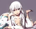  barefoot blue_hair breasts chin_rest dress_shirt fujiwara_no_mokou kamishirasawa_keine long_hair lying medium_breasts multicolored_hair multiple_girls no_bra on_stomach open_clothes open_shirt shinoasa shirt sketch the_pose touhou two-tone_hair white_hair white_shirt 