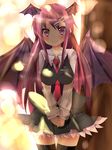  &gt;:) alza bad_id bad_pixiv_id bat_wings between_breasts black_legwear blush breasts buttons dress_shirt hair_ornament hairclip head_wings highres impossible_clothes impossible_shirt koakuma long_hair long_sleeves medium_breasts necktie necktie_between_breasts red_eyes red_hair red_neckwear shirt skirt smile solo thighhighs touhou v-shaped_eyebrows v_arms vest wings zettai_ryouiki 