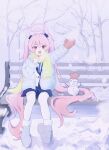  1girl 4k_a9 absurdres bare_tree bench blue_archive blue_boots blue_necktie blue_skirt boots commentary_request double-parted_bangs down_jacket fang full_body fur-trimmed_boots fur_trim grey_jacket hair_between_eyes halo highres jacket koyuki_(blue_archive) long_hair long_sleeves looking_at_viewer mittens necktie open_clothes open_jacket open_mouth outdoors pink_eyes pink_halo red_mittens scarf single_mitten sitting skin_fang skirt smile snow snowing solo symbol_in_eye thighhighs tree twintails v-shaped_eyebrows very_long_hair waving white_thighhighs winter yellow_scarf 