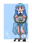  1girl blue_eyes blue_hair blue_skirt blush chair commentary_request heterochromia highres kasuya_baian looking_at_viewer medium_hair on_chair open_mouth partial_commentary red_eyes sitting sitting_backwards skirt smile socks solo swivel_chair tatara_kogasa touhou white_socks 