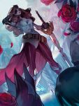  2boys 3girls artist_name beatrix_(ff9) belt black_hair boots breasts brown_belt brown_gloves brown_hair cleavage closed_mouth coat cropped_jacket curly_hair dragon elbow_pads eyepatch falling_petals feather_hair_ornament feathers final_fantasy final_fantasy_ix fingerless_gloves flower freya_crescent garnet_til_alexandros_xvii gloves hair_ornament hand_in_own_hair hat helmet highres holding holding_sword holding_weapon kuja leotard long_coat long_hair looking_at_another loose_belt medium_breasts multiple_boys multiple_girls nail_polish one_eye_covered pantyhose petals red_coat red_flower red_nails red_pantyhose red_petals red_rose rose showgirl_skirt single_elbow_pad sleeveless sleeveless_coat solo_focus standing swept_bangs sword textless_version tholia_bentz twitter_username two-sided_coat two-sided_fabric vivi_ornitier weapon web_address white_coat white_leotard winged_helmet wizard_hat 