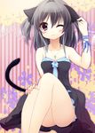  animal_ears bad_id bad_pixiv_id bare_shoulders blush cat_ears cat_tail cross dress ear_pull grey_hair jewelry long_hair necklace one_eye_closed original red_eyes ribbon shiramori_yuse solo tail twintails 