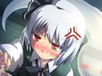  anger_vein blush bow bowtie bukkake cum eyebrows_visible_through_hair face facial ghost hairband handjob hitodama konpaku_youmu konpaku_youmu_(ghost) murasaki_kajima penis red_eyes short_hair silver_hair solo_focus touhou 