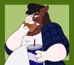 2023 anthro belly black_clothing black_eyewear black_glasses black_hat black_headwear blair_(kaspian) blue_clothing blue_jacket blue_topwear border brown_body brown_fur brown_hair burger clothed clothing clydesdale container countershade_face countershade_fur countershading cup disposable_cup draft_horse drinking_straw eating equid equine eyewear food fur glasses gloves green_background green_border hair half-length_portrait handwear hat headgear headwear hi_res horse humanoid_hands jacket male male_anthro mammal markings open_clothing open_jacket open_topwear overweight overweight_anthro overweight_male pattern_clothing pattern_topwear plaid plaid_clothing plaid_topwear portrait rectangular_glasses simple_background solo strawberrymilkdog topwear watermark white_body white_countershading white_markings