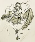  1girl absurdres bird_wings breasts closed_mouth collared_shirt commentary feathered_wings frilled_skirt frills full_body geta hat hauchiwa highres looking_at_viewer pom_pom_(clothes) puffy_short_sleeves puffy_sleeves ribbon-trimmed_skirt ribbon_trim shameimaru_aya shirt short_sleeves skirt small_breasts smile solo tengu-geta tokin_hat touhou traditional_media wings wu_yu_wanwan 