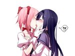  2girls akemi_homura azmodan black_hair blush closed_eyes clothes_grab couple french_kiss hairband hand_on_another's_cheek hand_on_another's_face kaname_madoka kiss long_hair magical_girl mahou_shoujo_madoka_magica multiple_girls pink_hair purple_hair short_hair simple_background tongue twintails upper_body yuri 