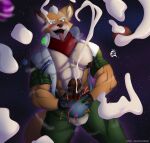 absurd_res anthro avian balls blue_body blush bodily_fluids bottomwear canid canine clothed clothing cum cumshot destruction digital_media_(artwork) earth ejaculation erection falco_lombardi feathers fox fox_mccloud fur genital_fluids genitals hi_res holding_object humanoid_genitalia humanoid_penis jacket klr-rio macro male mammal muscular muscular_male nintendo nipples open_mouth orange_body orange_fur orgasm penetration penile penile_penetration penis planet planet_destruction planet_dwarfing planet_penetrated simple_background solo space speech_bubble star_fox tail terra_macro text tongue tongue_out topwear