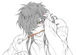  1boy adjusting_hair asahi_(baiyameng) commentary eyepatch hair_over_one_eye hand_up long_hair looking_at_viewer male_focus paintbrush paintbrush_in_mouth scar scar_on_face scar_on_mouth simple_background sleeves_past_wrists slow_damage smile spot_color towa_(slow_damage) upper_body white_background yellow_eyes 