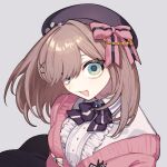  1girl beret black_bow black_bowtie black_hat black_skirt blue_gem bow bowtie breasts brown_hair cardigan center_frills collared_shirt commentary_request frilled_shirt frills gem green_eyes hair_intakes hair_ornament hairclip hat hat_pin hewdrawobake highres large_breasts looking_at_viewer medium_hair nijisanji open_mouth pink_bow pink_cardigan ribbon shirt skirt smile solo striped_bow striped_clothes striped_ribbon striped_skirt suzuhara_lulu suzuhara_lulu_(1st_costume) two-tone_bow two-tone_ribbon vertical-striped_clothes vertical-striped_skirt virtual_youtuber white_bow white_shirt 