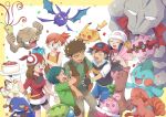  3boys 3girls ^_^ aqua_eyes aqua_hair ash_ketchum bag bandana baseball_cap beanie bike_shorts bike_shorts_under_skirt black_hair black_shirt black_shorts black_vest blue_eyes blue_hair blue_pants blush bouquet box brock_(pokemon) brown_hair brown_pants brown_shorts brown_vest cake closed_eyes closed_mouth collared_shirt commentary_request confetti croagunk crobat dark-skinned_male dark_skin dawn_(pokemon) fanny_pack flower food forretress geodude gift gift_box gintarou_(puipuiginta) glasses green_shirt hair_ornament happiny hat holding holding_bouquet holding_box holding_flower holding_gift holding_party_popper holding_plate long_hair lotad marshtomp max_(pokemon) may_(pokemon) meowth misty_(pokemon) multiple_boys multiple_girls nostrils onix open_clothes open_mouth open_vest orange_eyes orange_flower orange_hair pants party_popper pink_scarf pink_skirt plate pokemon pokemon_(anime) pokemon_(classic_anime) pokemon_(creature) pokemon_the_series:_diamond_and_pearl pokemon_the_series:_ruby_and_sapphire red_bandana red_flower red_hat red_shirt scarf shirt short_hair short_sleeves shorts side_ponytail skirt sleeveless sleeveless_shirt smile spiked_hair sudowoodo suspenders teeth vest vulpix wavy_mouth white_hat white_shirt yellow_bag yellow_shirt 