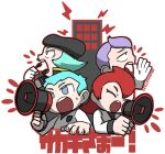  1girl 3boys aqua_eyes aqua_hair archer_(pokemon) ariana_(pokemon) black_hat building closed_eyes commentary_request eyelashes fingernails gloves grey_eyes hat highres holding holding_megaphone holding_microphone kokenji7523 lightning_bolt_symbol long_hair long_sleeves megaphone microphone multiple_boys open_mouth outline petrel_(pokemon) pokemon pokemon_heartgold_and_soulsilver proton_(pokemon) purple_hair red_hair red_outline short_hair sweatdrop team_rocket team_rocket_uniform teeth translation_request twitter_username upper_teeth_only white_background white_gloves 