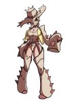  1girl aki_0605sss black_sclera blonde_hair breasts cacturne choker cleavage colored_sclera commentary_request grin hat highres leotard looking_at_viewer loose_thighhigh patch personification pokemon pokemon_(creature) sleeves_past_fingers sleeves_past_wrists smile solo spiked_choker spikes sun_hat vest 