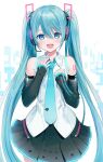  1girl 243_kou absurdres aqua_eyes aqua_hair aqua_nails aqua_necktie aqua_trim bare_shoulders black_skirt black_sleeves blush boots breasts collared_shirt commentary_request detached_sleeves double-parted_bangs fingernails hair_between_eyes hair_ornament hands_on_own_chest hatsune_miku hatsune_miku_(vocaloid4) headphones highres long_hair long_sleeves looking_at_viewer nail_polish necktie open_mouth pleated_skirt shirt sideboob simple_background skirt sleeves_past_wrists small_breasts smile solo thigh_boots twintails v4x very_long_hair vocaloid white_background white_shirt 