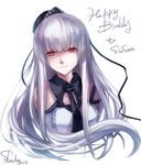  bad_id bad_pixiv_id bangs bare_shoulders birthday blunt_bangs borrowed_character detached_collar english garrison_cap happy_birthday hat hat_ribbon looking_at_viewer necktie pixiv_fantasia pixiv_fantasia_5 red_eyes ribbon shaded_face silver_hair skade sleeveless smile solo 