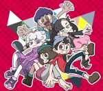  2girls 3boys ahoge aqua_eyes asymmetrical_bangs beanie bede_(pokemon) black_boots black_hair black_jacket black_shirt blue_jacket blue_pants boots bright_pupils brown_boots brown_eyes brown_hair brown_shoes closed_mouth coat commentary_request dark-skinned_male dark_skin dress eyelashes fingernails gloria_(pokemon) green_hat green_socks grey_hat grey_jacket grin hair_ribbon hat highres hop_(pokemon) jacket kokenji7523 long_hair long_sleeves marnie_(pokemon) multiple_boys multiple_girls open_clothes open_jacket open_mouth outline outstretched_arms pants pink_background pink_dress pokemon pokemon_sword_and_shield purple_coat purple_eyes purple_hair purple_shoes red_ribbon red_shirt ribbon shirt shoes short_hair smile socks spread_arms teeth twintails twitter_username undercut upper_teeth_only victor_(pokemon) white_hair white_outline white_pupils 