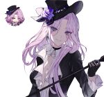  1girl absurdres black_choker black_gloves black_hat black_jacket breasts choker cleavage commentary_request earrings flower frilled_shirt frills gloves haeb59900889 hat hat_flower highres holding holding_riding_crop honkai:_star_rail honkai_(series) jacket jade_(gallop)_(honkai:_star_rail) jade_(honkai:_star_rail) jewelry long_hair long_sleeves looking_at_viewer medium_breasts official_alternate_costume official_art_inset pink_hair purple_eyes reference_inset riding_crop shirt simple_background single_earring smile solo upper_body white_background white_shirt 
