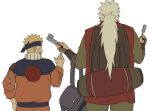  2boys blonde_hair commentary_request douchi_xo flak_jacket food forehead_protector highres ice_cream jacket jiraiya_(naruto) korean_commentary male_focus multiple_boys naruto_(series) orange_jacket orange_pants pants spiked_hair uzumaki_naruto white_hair 