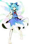  bad_id bad_pixiv_id barefoot blue_eyes blue_hair bow cirno dress hair_bow homura_(aristocrat-y) short_hair solo touhou 