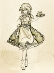  1girl animal_hat animal_print apron boots breasts chinese_commentary commentary_request fish_print full_body hat highres holding holding_tray looking_at_viewer medium_breasts medium_hair okunoda_miyoi open_mouth puffy_short_sleeves puffy_sleeves shirt short_sleeves skirt smile solo tokkuri touhou traditional_media tray waist_apron whale_hat whale_print wu_yu_wanwan 