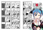  2girls 4koma bow chopsticks comic eating food handheld_game_console hatsune_miku holding holding_chopsticks kagamine_len kagamine_rin long_hair monochrome multiple_4koma multiple_girls necktie noodles playstation_portable short_hair torotei translated twintails vocaloid 