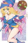  1girl bare_shoulders blonde_hair blue_boots blue_hat blue_shirt boots breasts cleavage commentary dark_magician_girl duel_monster emu_(confisery) green_eyes hat highres holding holding_wand jewelry kuriboh large_breasts long_hair necklace phrygian_helmet pink_skirt shirt showgirl_skirt skirt smile wand yu-gi-oh! 