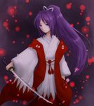  bad_id bad_pixiv_id hakama japanese_clothes kataginu katana kimono long_hair meira obi ponytail purple_eyes purple_hair sash solo sword tatebana_(kagerin) touhou touhou_(pc-98) very_long_hair weapon 