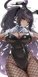  1girl absurdres animal_ears black_leotard blue_archive blue_bow blue_bowtie bow bowtie breasts commentary_request covered_navel dark-skinned_female dark_skin detached_collar fake_animal_ears finger_heart fishnet_pantyhose fishnets halo highleg highleg_leotard highres karin_(blue_archive) karin_(bunny)_(blue_archive) large_breasts leotard lying official_alternate_costume on_back pantyhose playboy_bunny purple_halo rabbit_ears shumai_il solo traditional_bowtie 